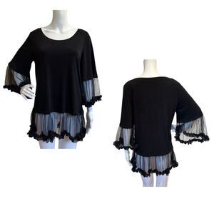 Masseys Black Tunic Top Sheer Ruffle Sleeves & Hem Gothic Romantic Flirty Sz L
